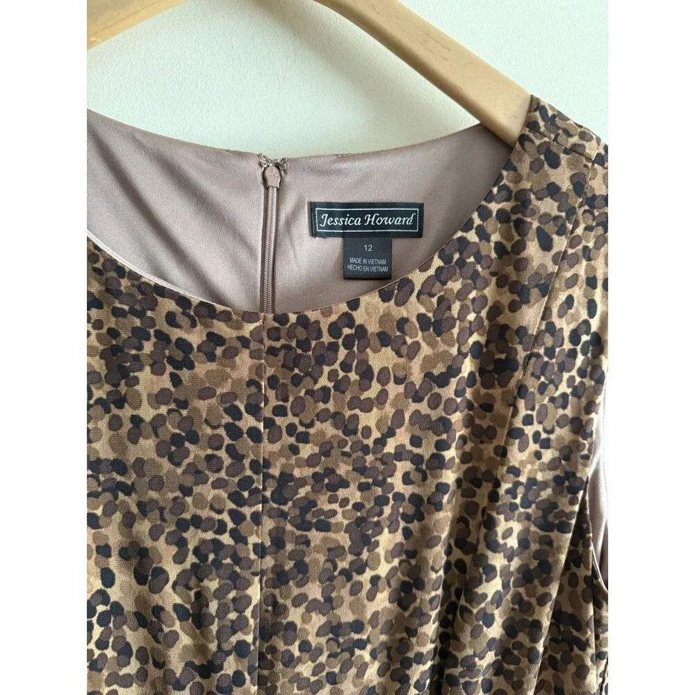 Jessica Howard Dress 12 Belt Midi Brown Leopard Print Sleeveless Back Zip Career